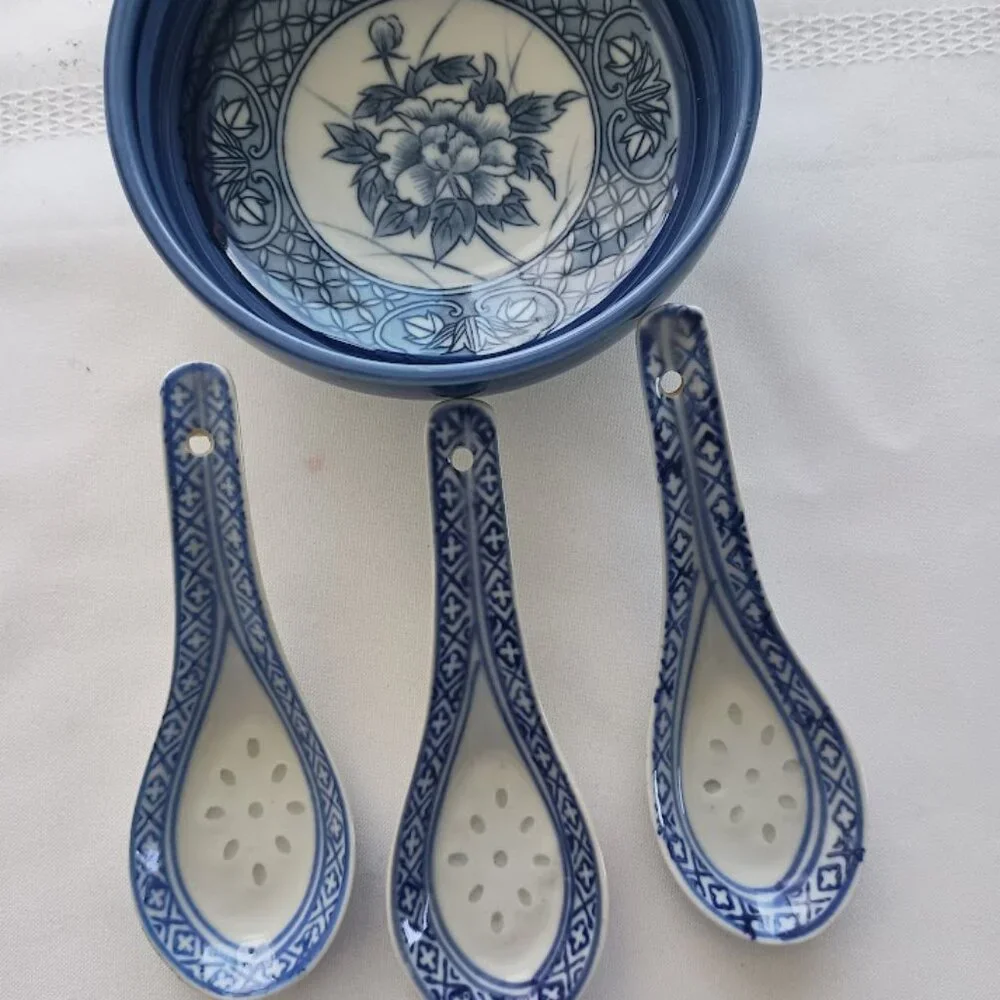 Blue and White Chinese Porcelain Bowl and Translucent Rice Grain Soup Spoons